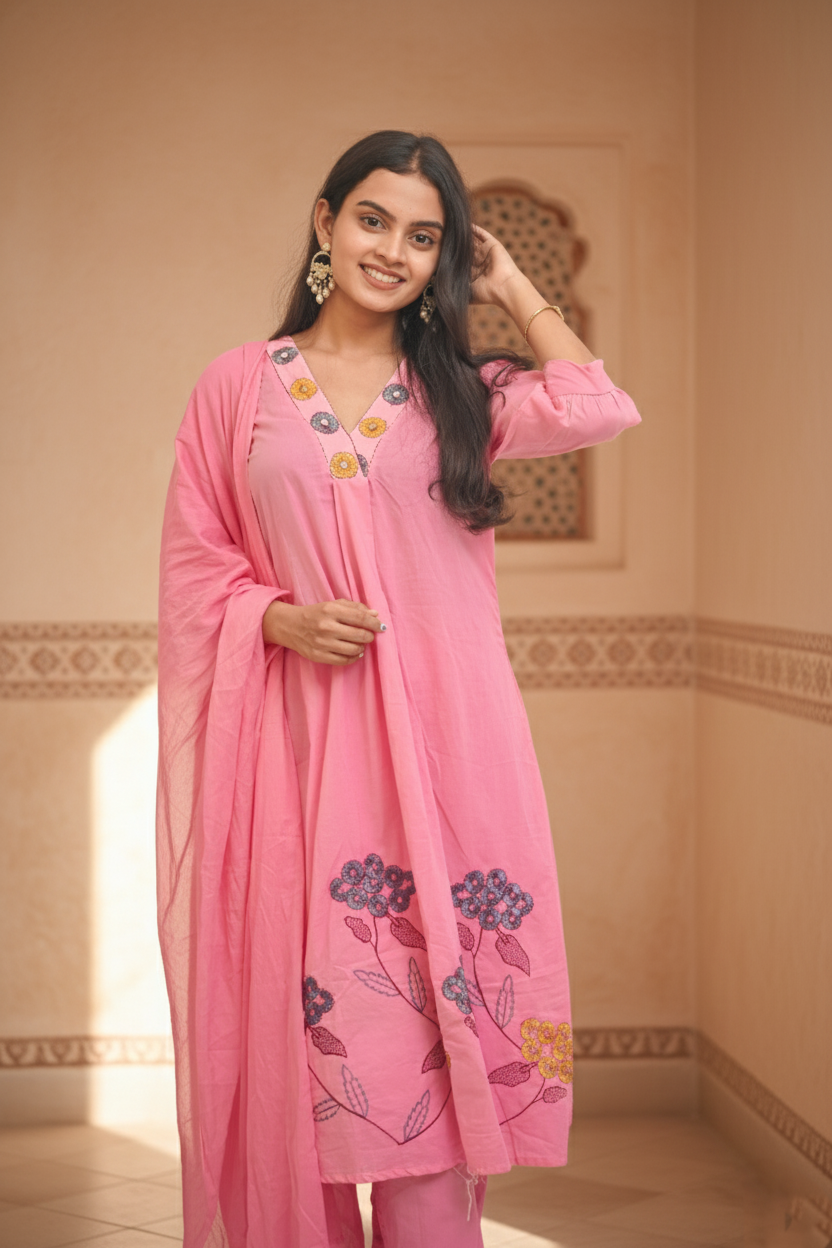 Women Pink Embroidered Cotton A-Line Kurta Set
