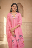 Women Pink Embroidered Cotton A-Line Kurta Set