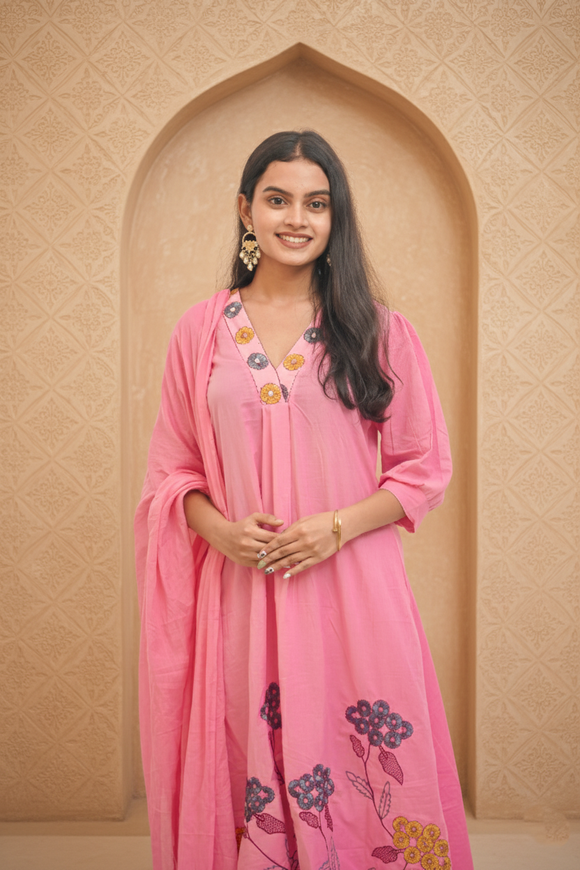 Women Pink Embroidered Cotton A-Line Kurta Set