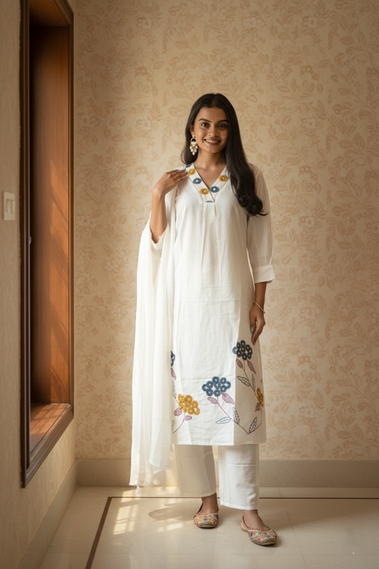 Women White Embroidered Cotton A-Line Kurta Set