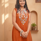 Sleeveless Embroidery Rust Kurti Set With Mirror Work