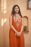 Sleeveless Embroidery Rust Kurti Set With Mirror Work