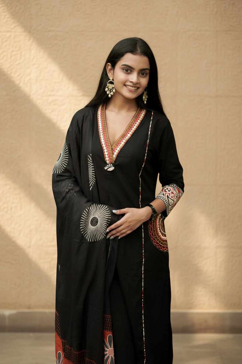 Black Cotton Embroidery a Contrasting Border Printed Dupatta