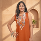 Sleeveless Embroidery Rust Kurti Set With Mirror Work
