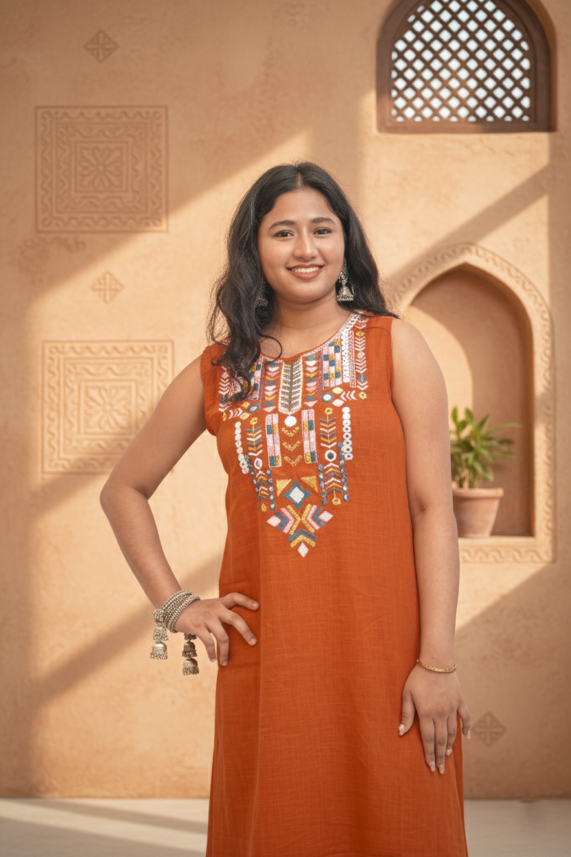 Sleeveless Embroidery Rust Kurti Set With Mirror Work