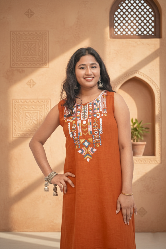 Sleeveless Embroidery Rust Kurti Set With Mirror Work