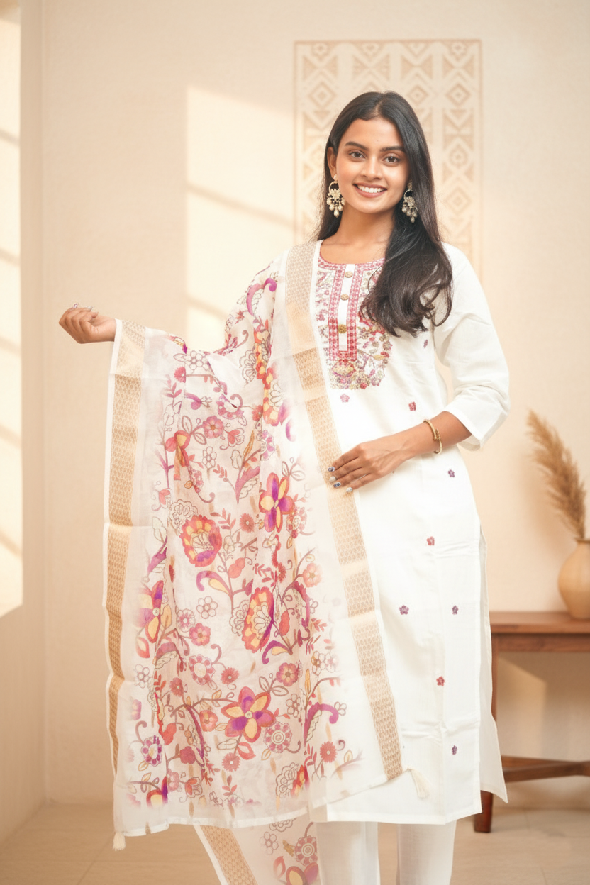 Cream Coloured Embroidery Silk Kurta Set