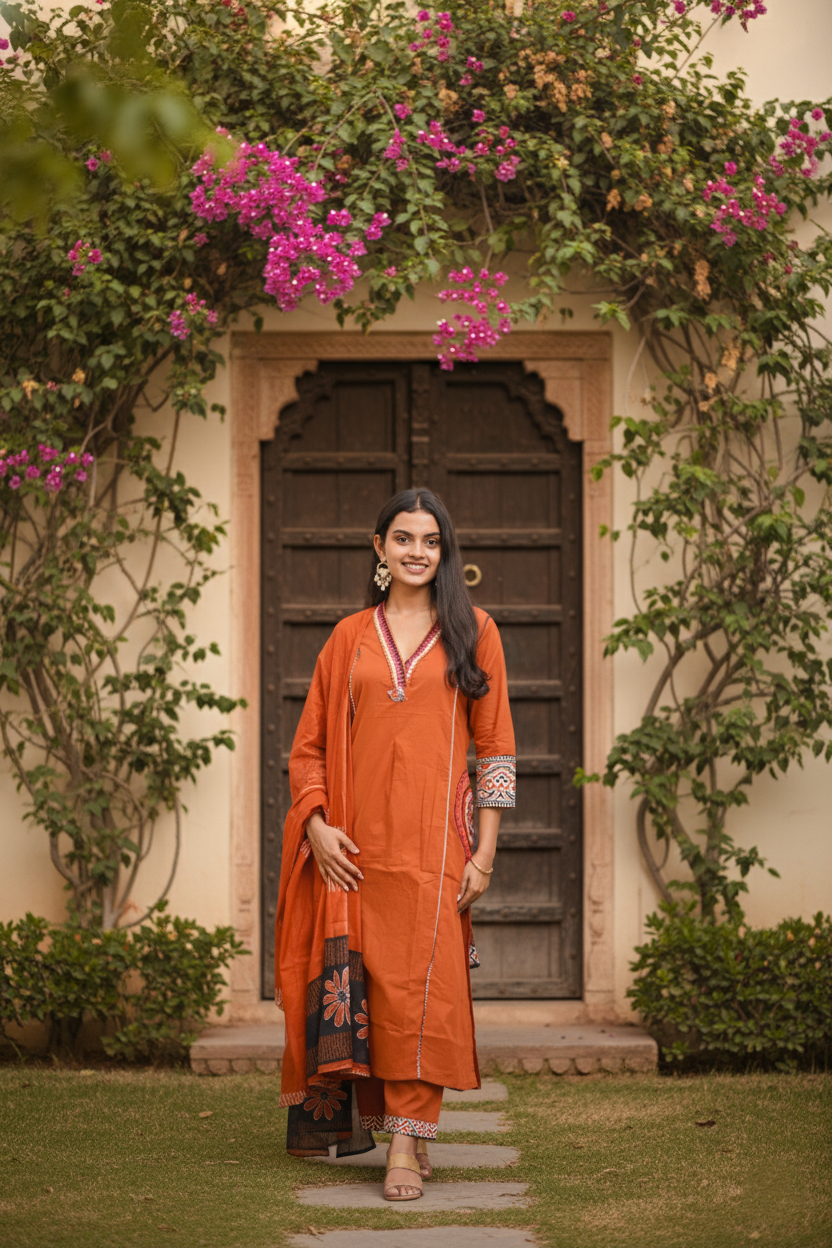 Orange Cotton Embroidery Contrasting Border Printed Dupatta