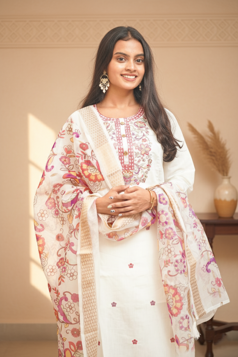 Cream Coloured Embroidery Silk Kurta Set