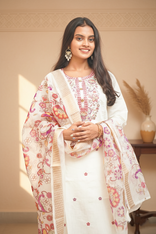 Cream Coloured Embroidery Silk Kurta Set