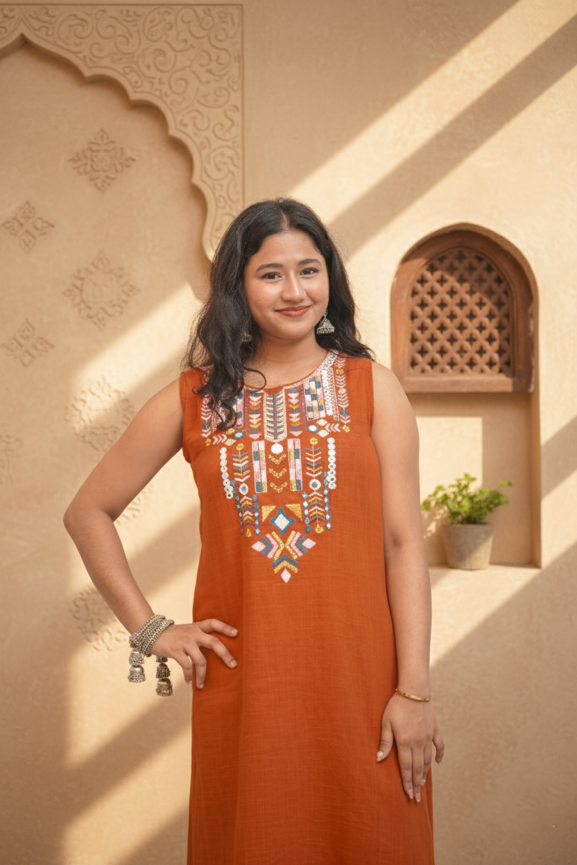 Sleeveless Embroidery Rust Kurti Set With Mirror Work