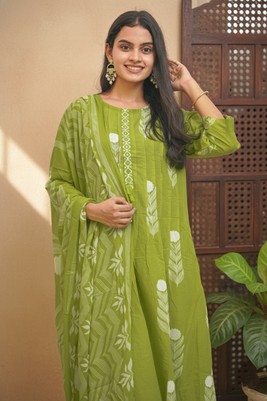 Elegant lime Block Print Kurta Set
