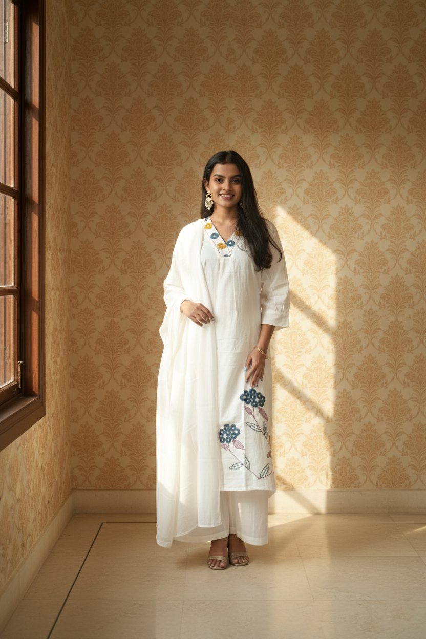 Women White Embroidered Cotton A-Line Kurta Set