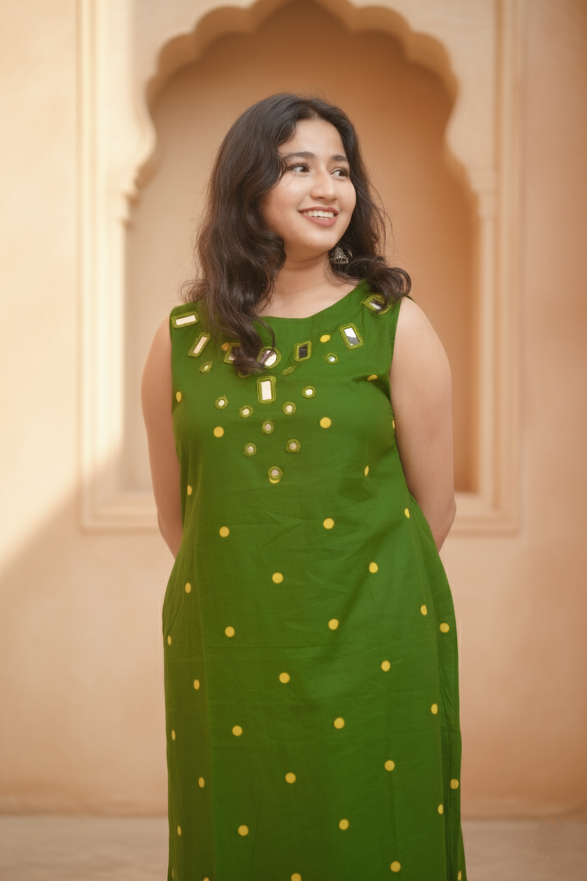 Green Neckline Embroidery With Yellow Dot Kurta Set