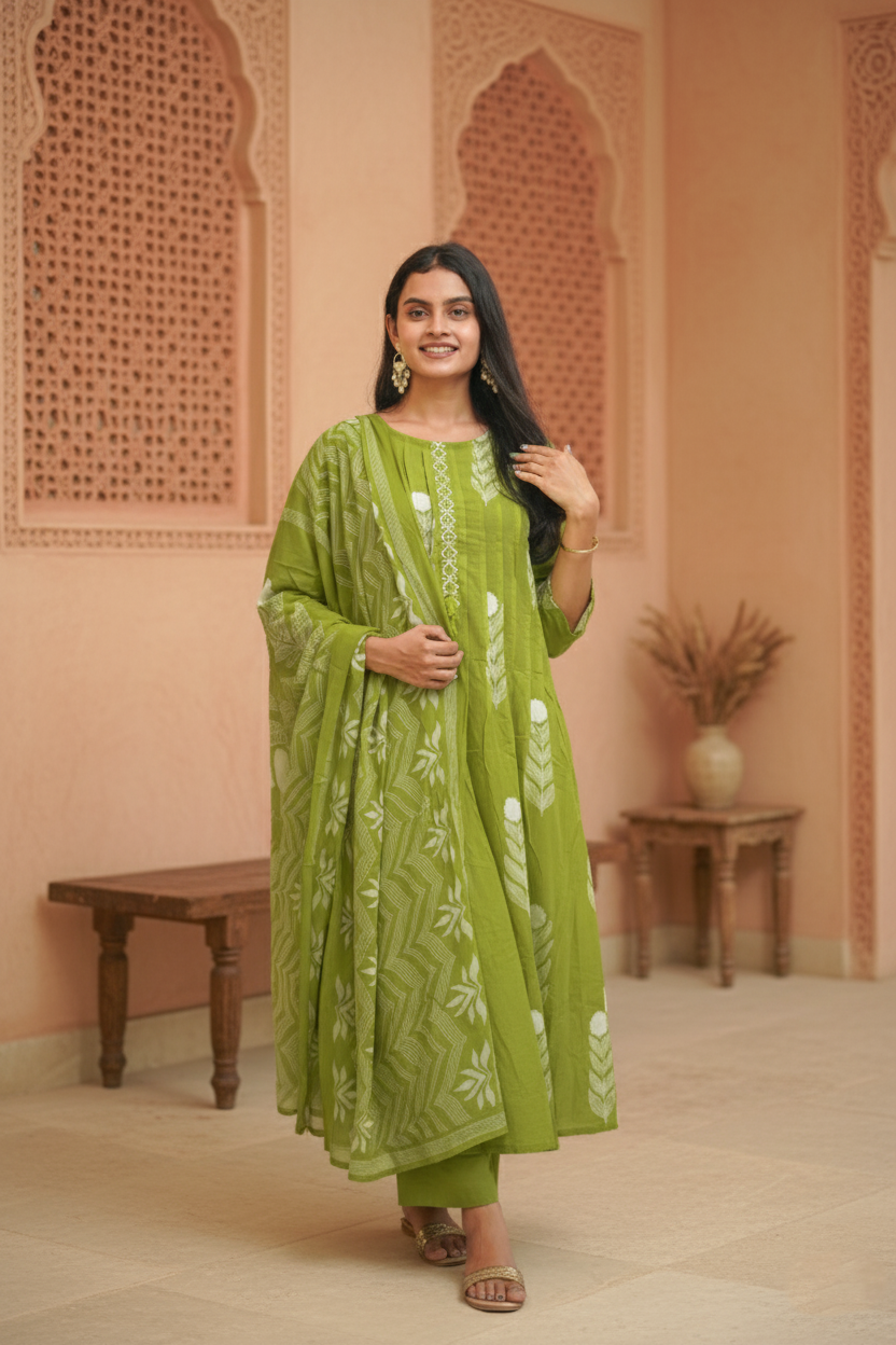 Elegant lime Block Print Kurta Set