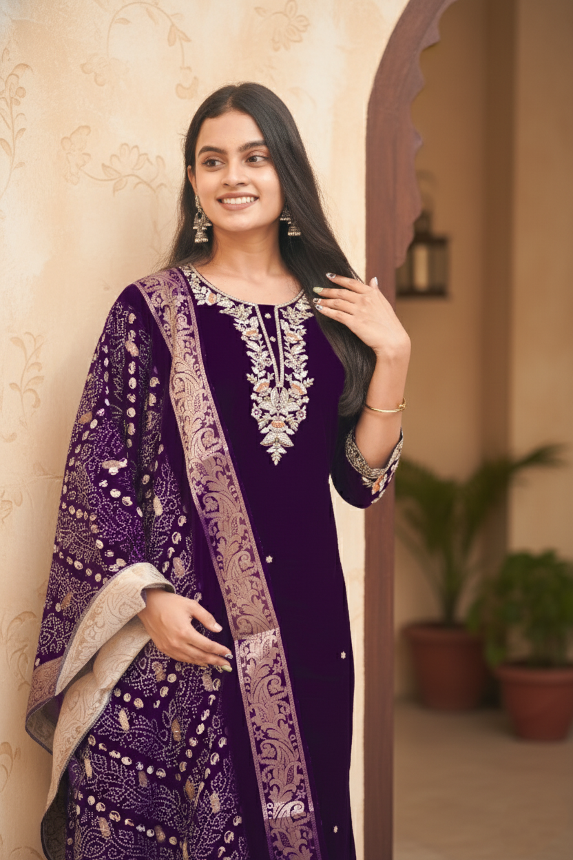Dark Purple Lichi Silk Kurta Set