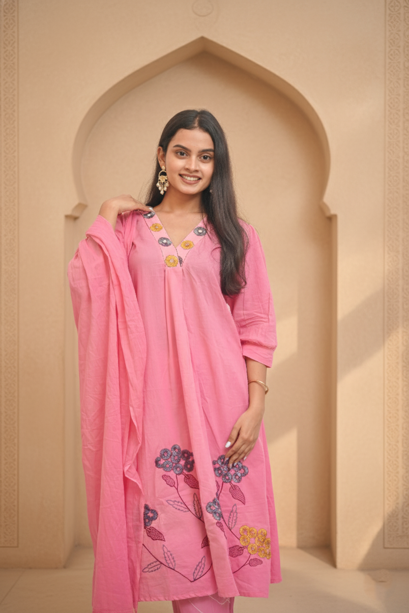 Women Pink Embroidered Cotton A-Line Kurta Set