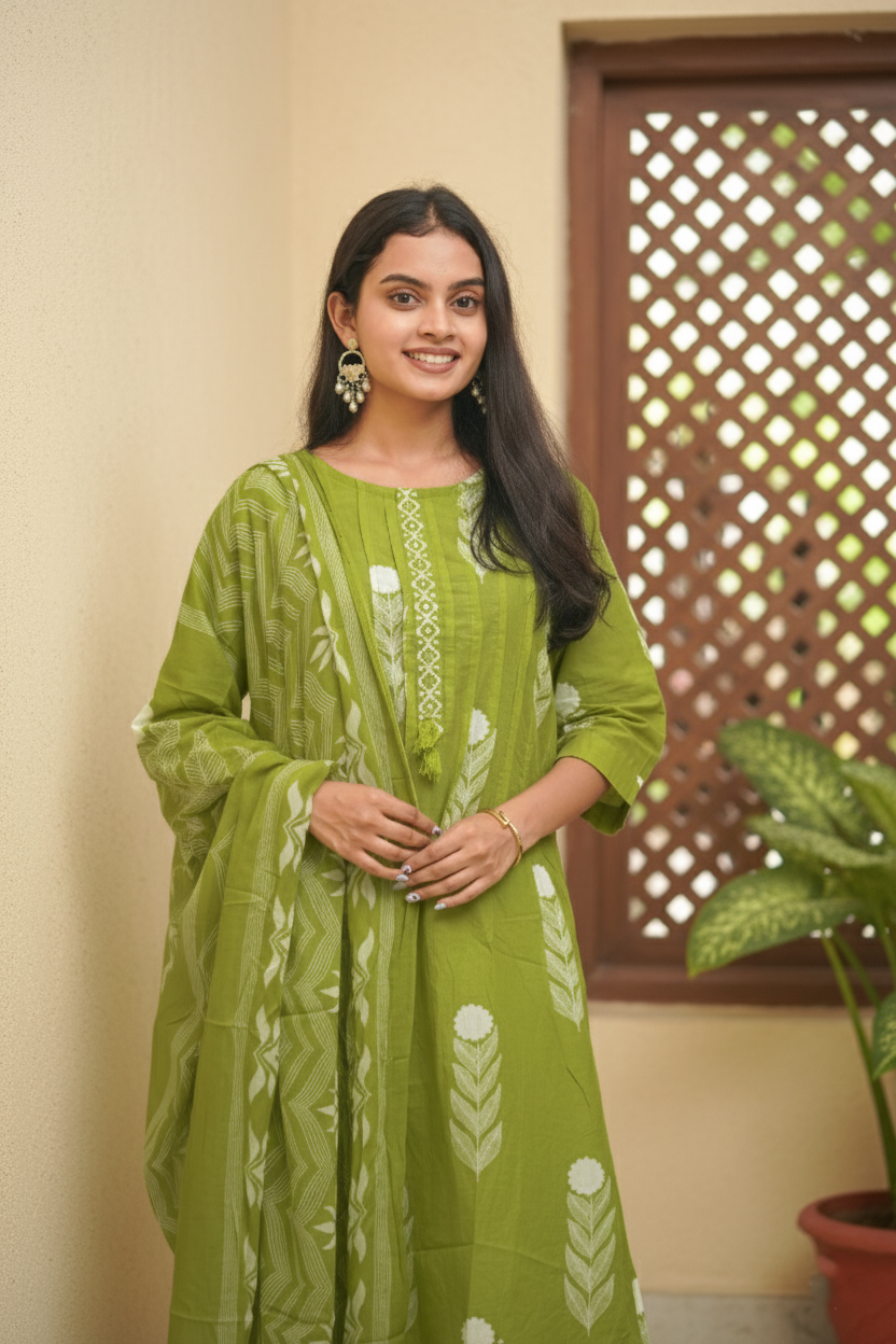 Elegant lime Block Print Kurta Set