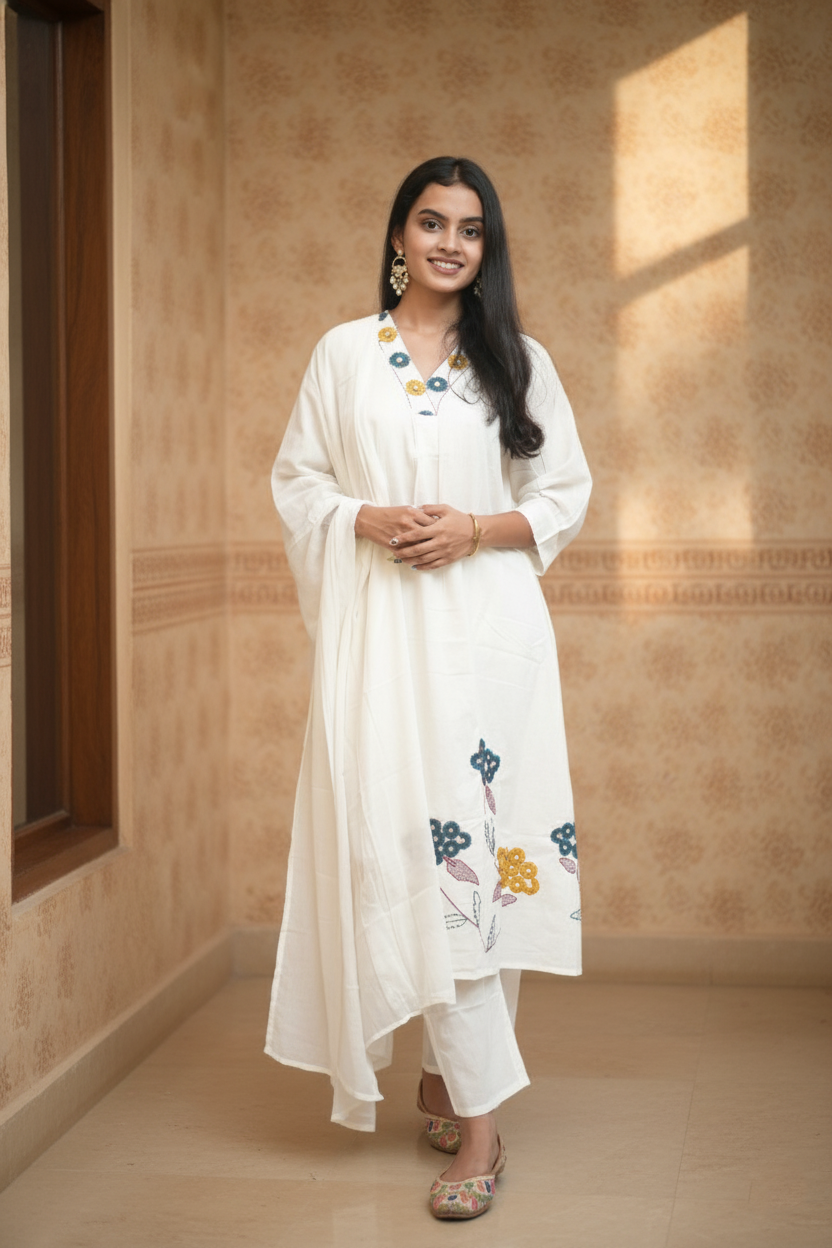 Women White Embroidered Cotton A-Line Kurta Set