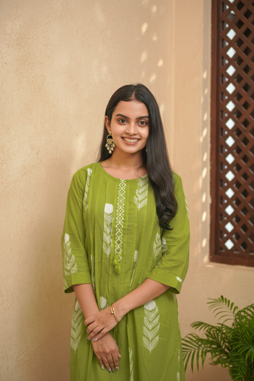 Elegant lime Block Print Kurta Set