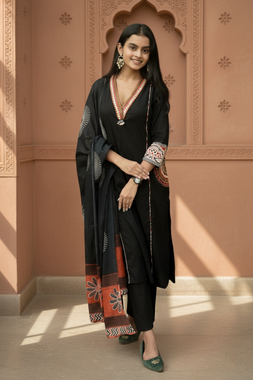 Black Cotton Embroidery a Contrasting Border Printed Dupatta