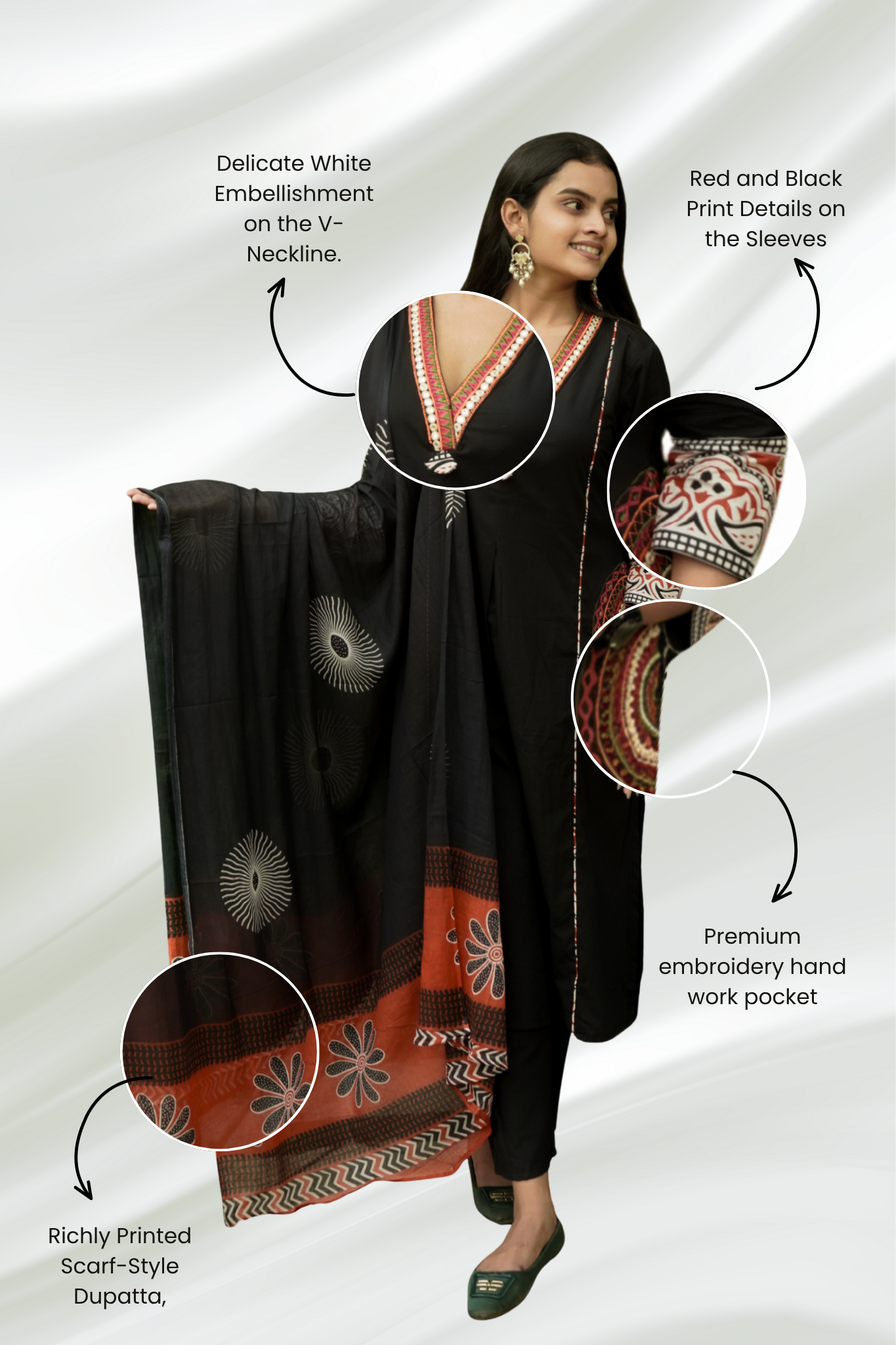Black Cotton Embroidery a Contrasting Border Printed Dupatta