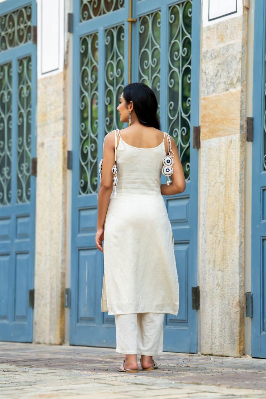 Modern Off-White A-Line With Blue Embroidery Kurta Set