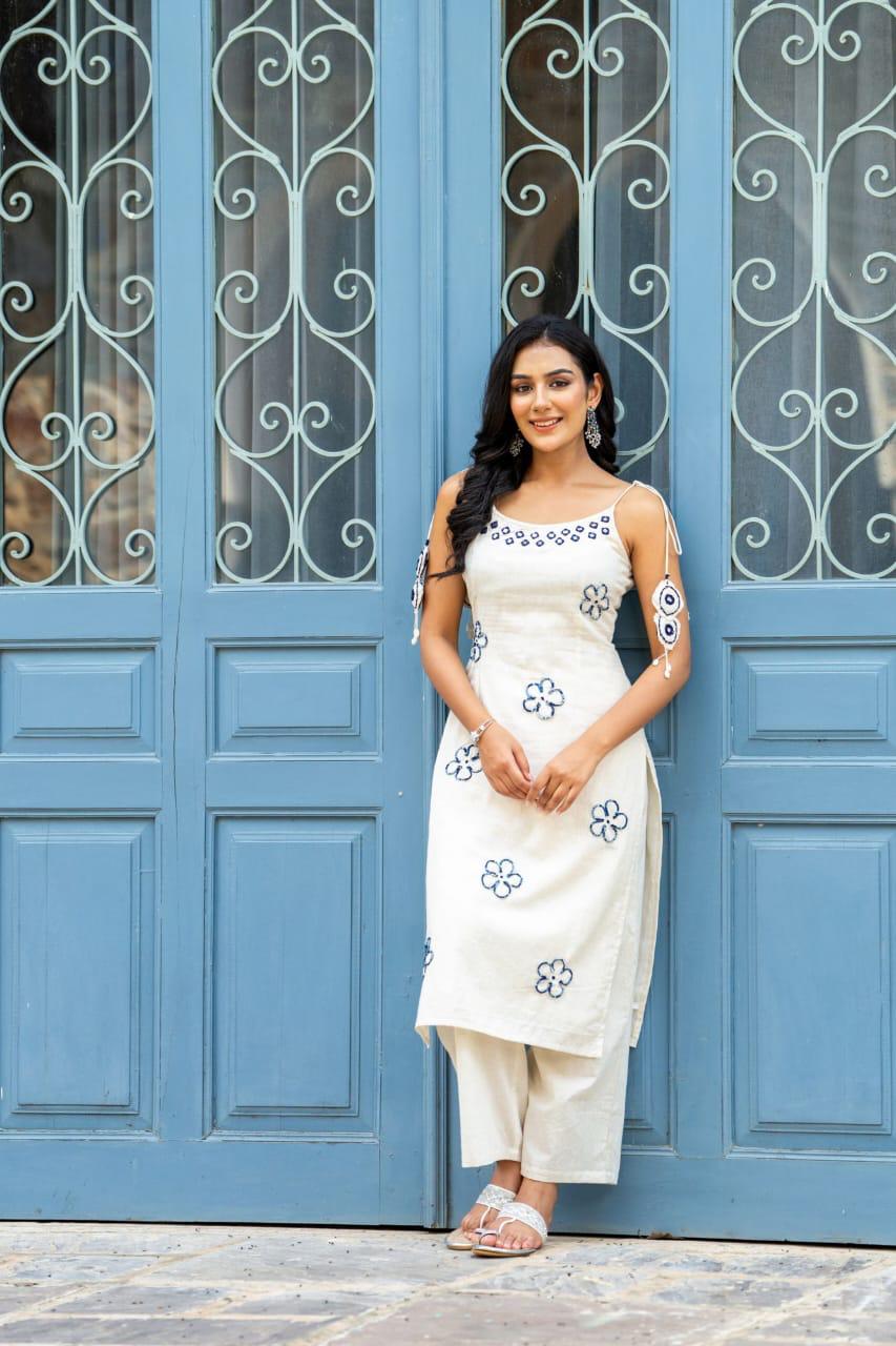 Modern Off-White A-Line With Blue Embroidery Kurta Set