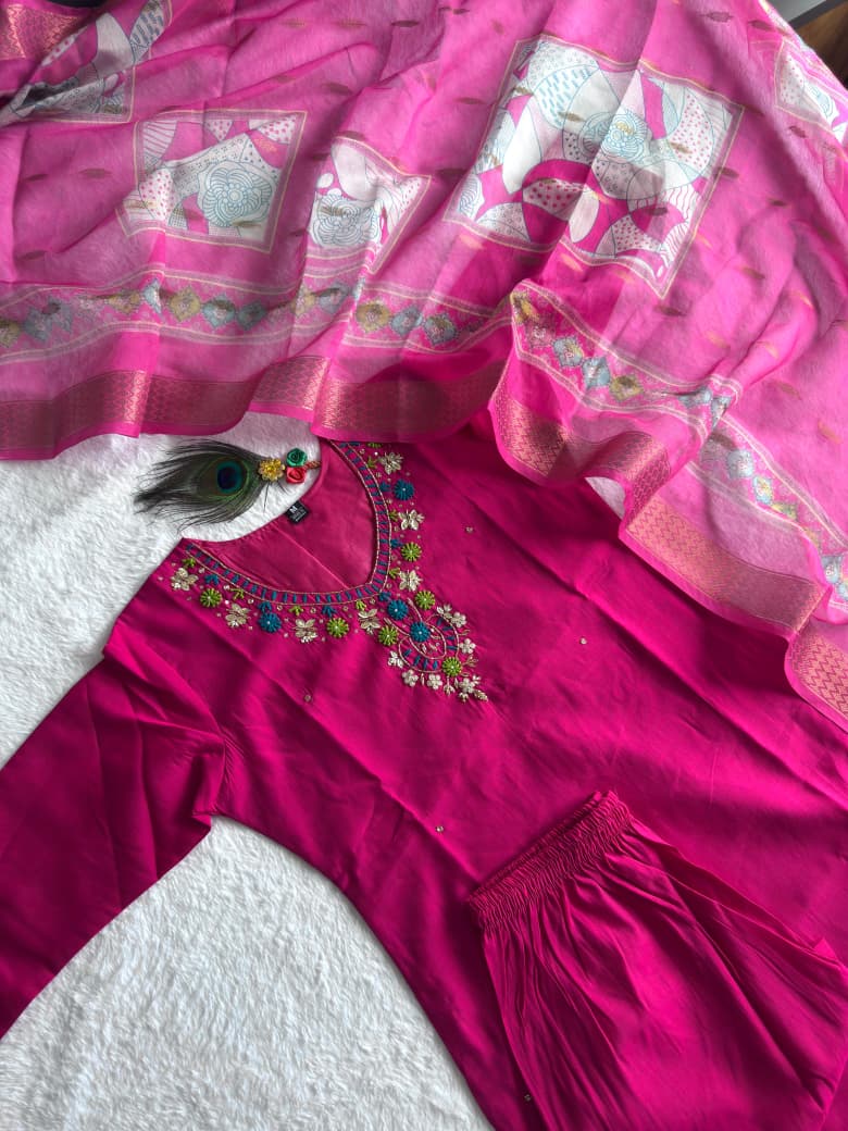 Pink Roman Silk Handwork Kurta Set