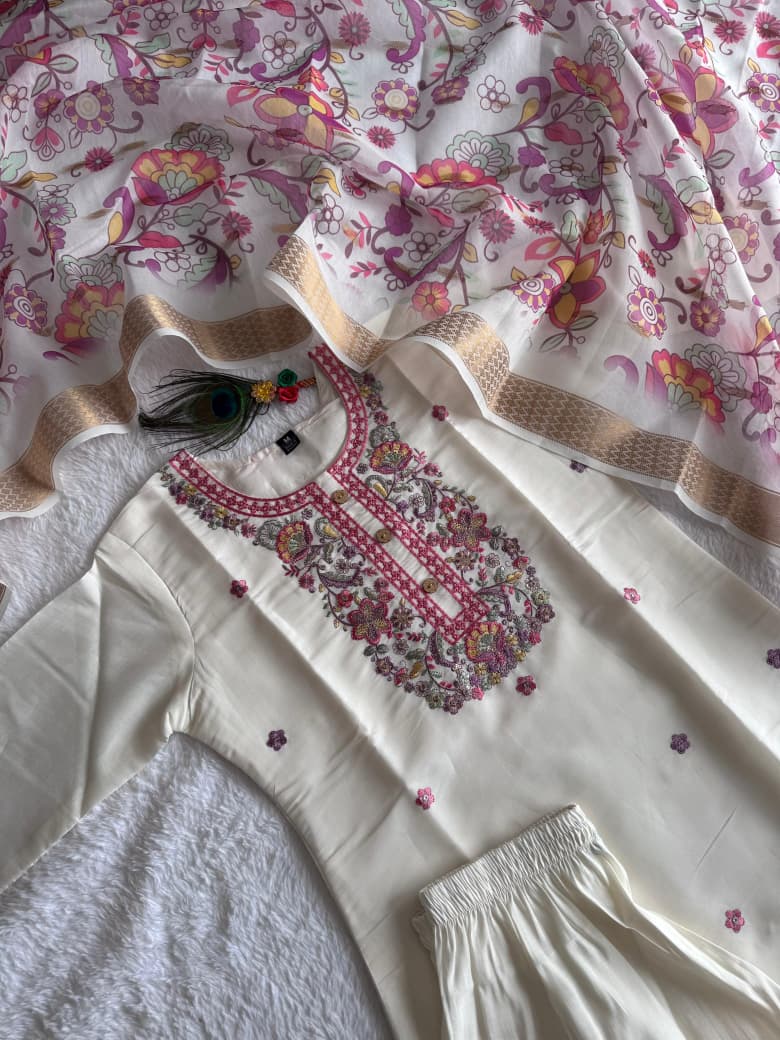 Cream Coloured Embroidery Silk Kurta Set