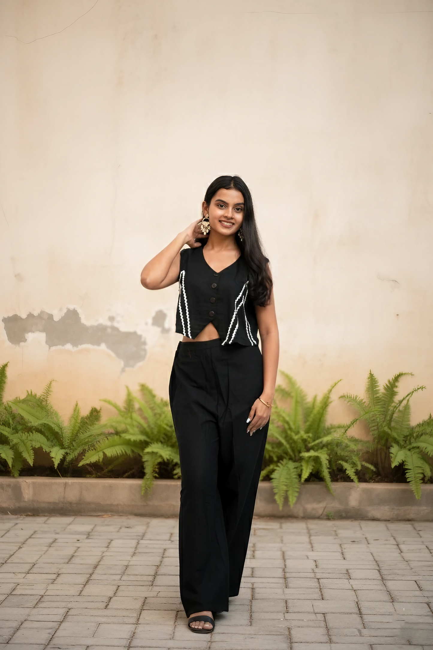 Black Sleeveless Crop Top Palazzo With Chevron Embroidery.