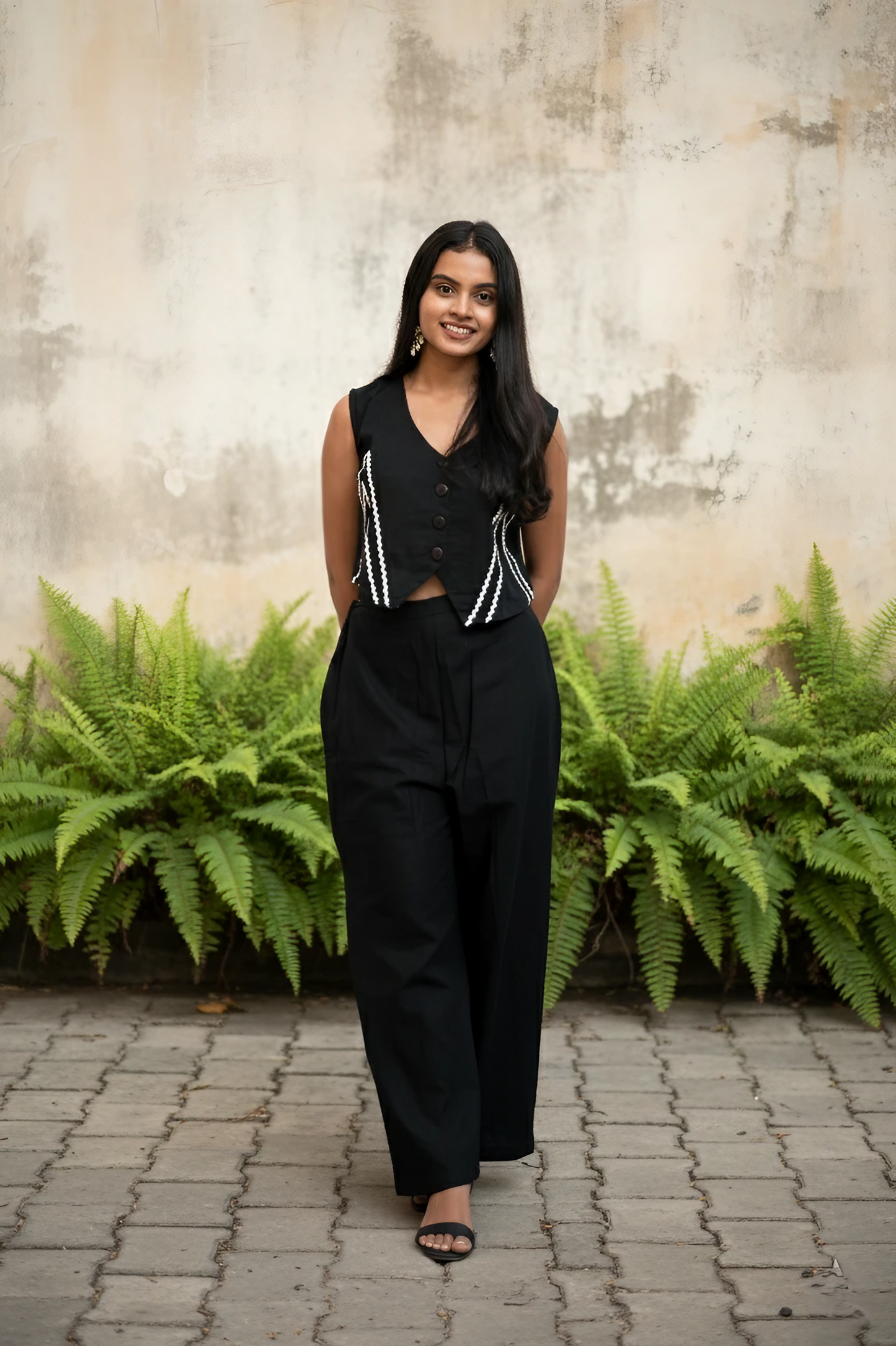 Black Sleeveless Crop Top Palazzo With Chevron Embroidery.