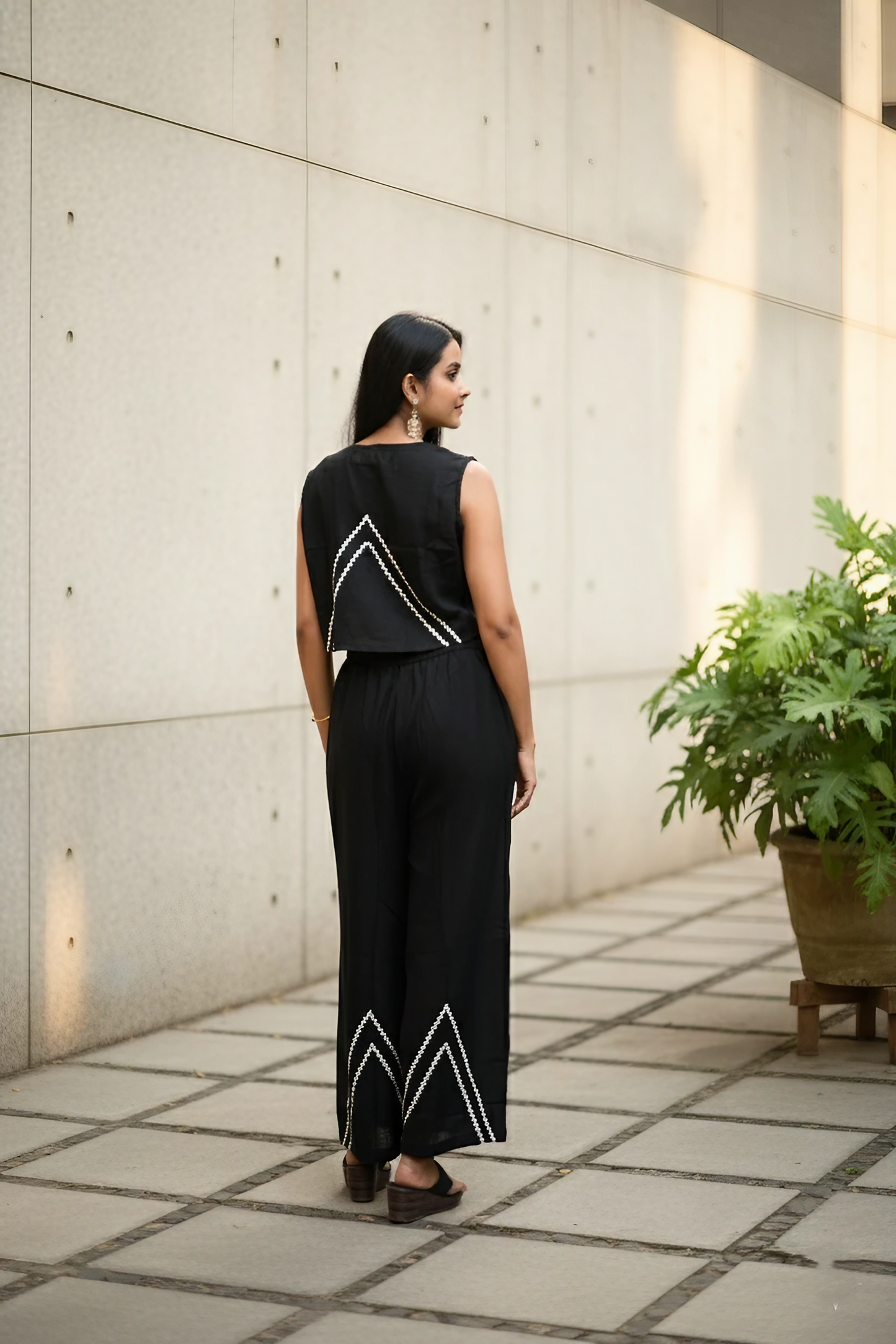 Black Sleeveless Crop Top Palazzo With Chevron Embroidery.