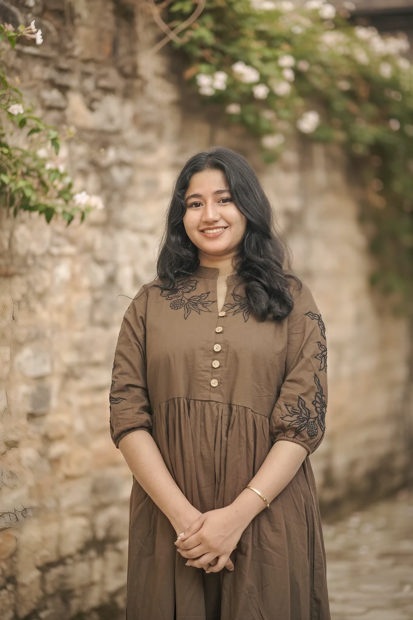 Elegant Brown Neck Embroidery One Piece Dress