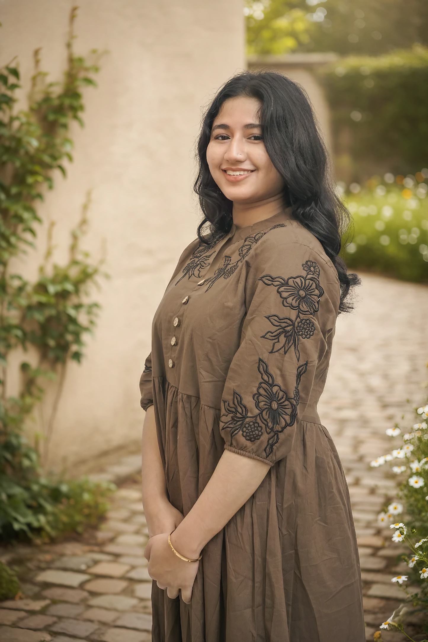 Elegant Brown Neck Embroidery One Piece Dress