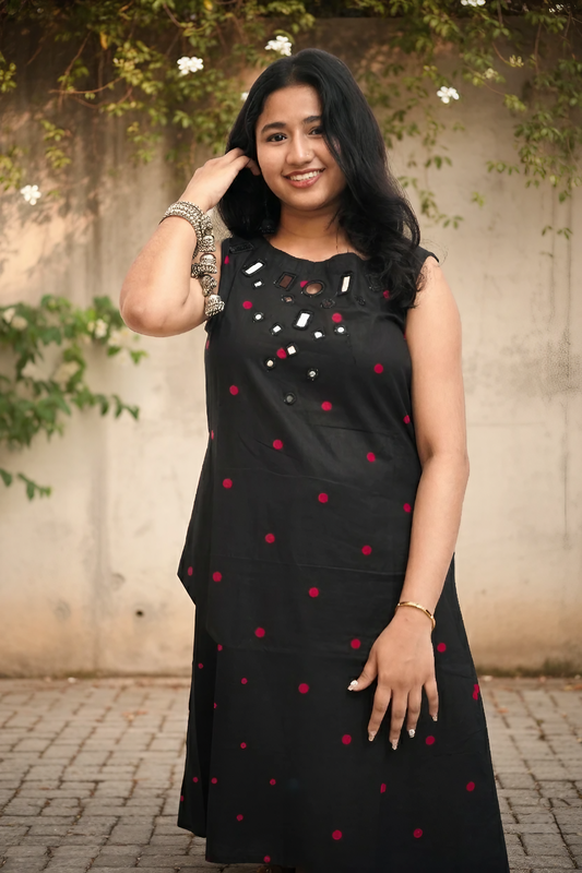 Black Neckline Embroidery With Red Dot Kurta Set