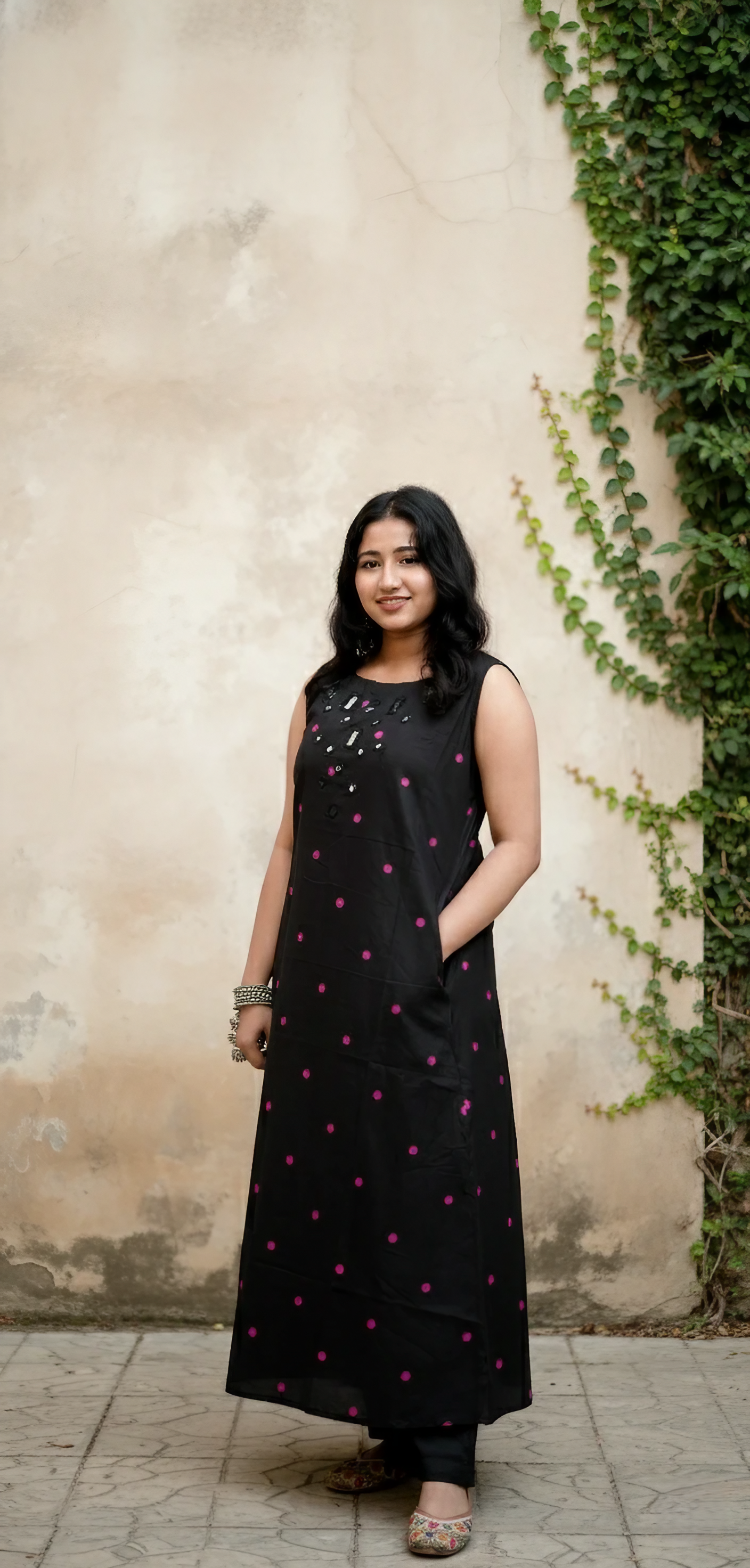 Black Neckline Embroidery With Red Dot Kurta Set