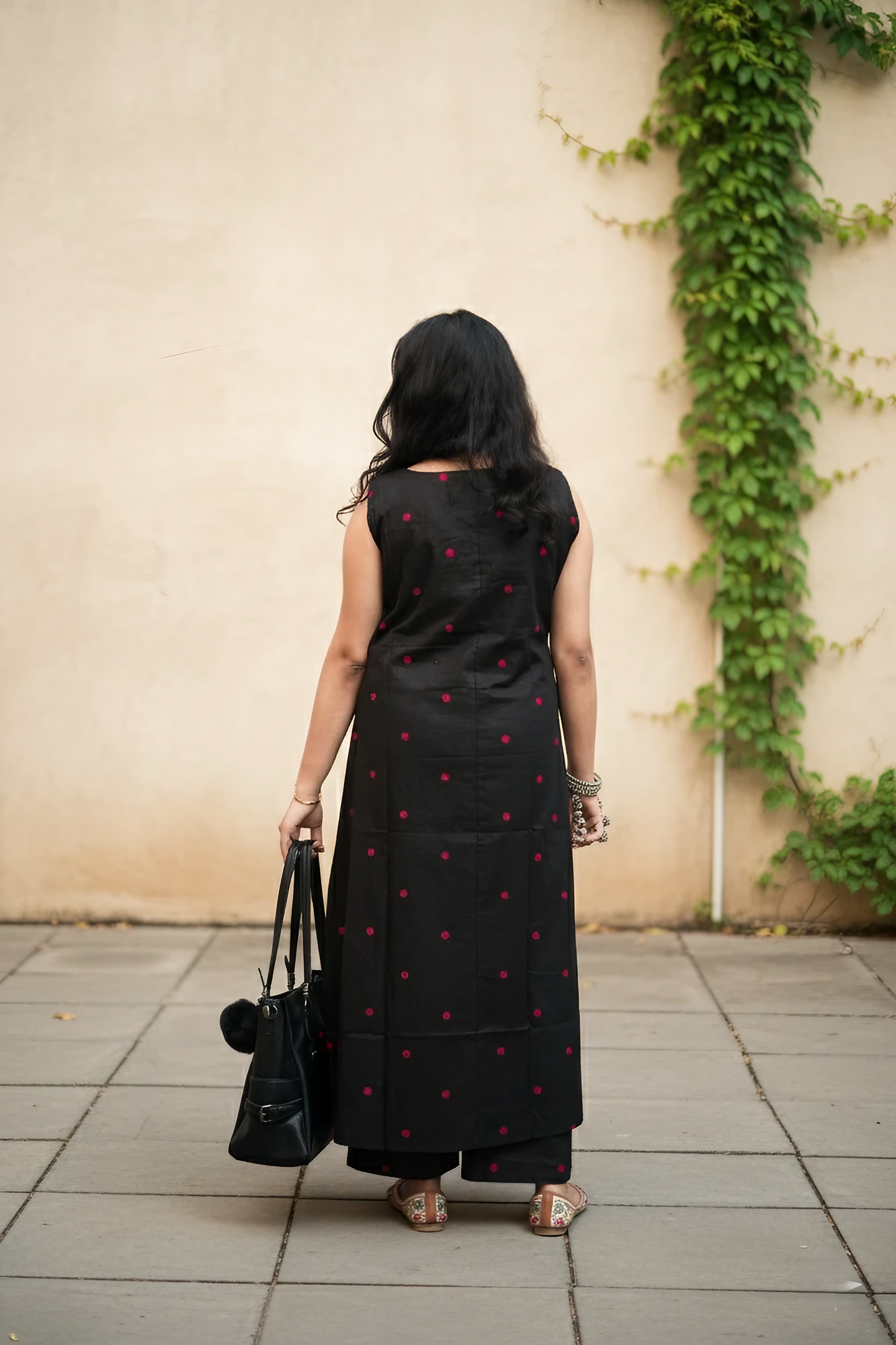 Black Neckline Embroidery With Red Dot Kurta Set