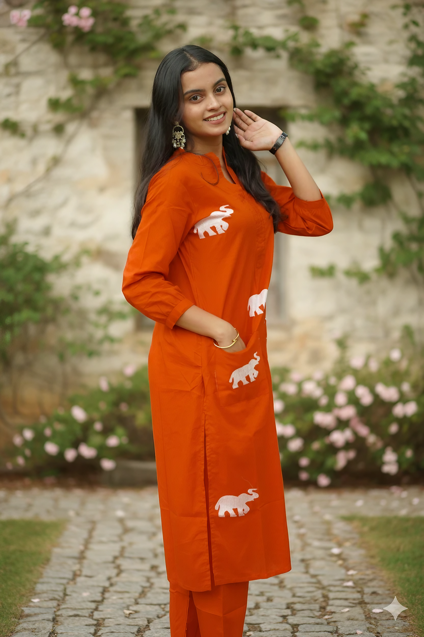 Orange Kurta Set With White Elephant Embroidery Design