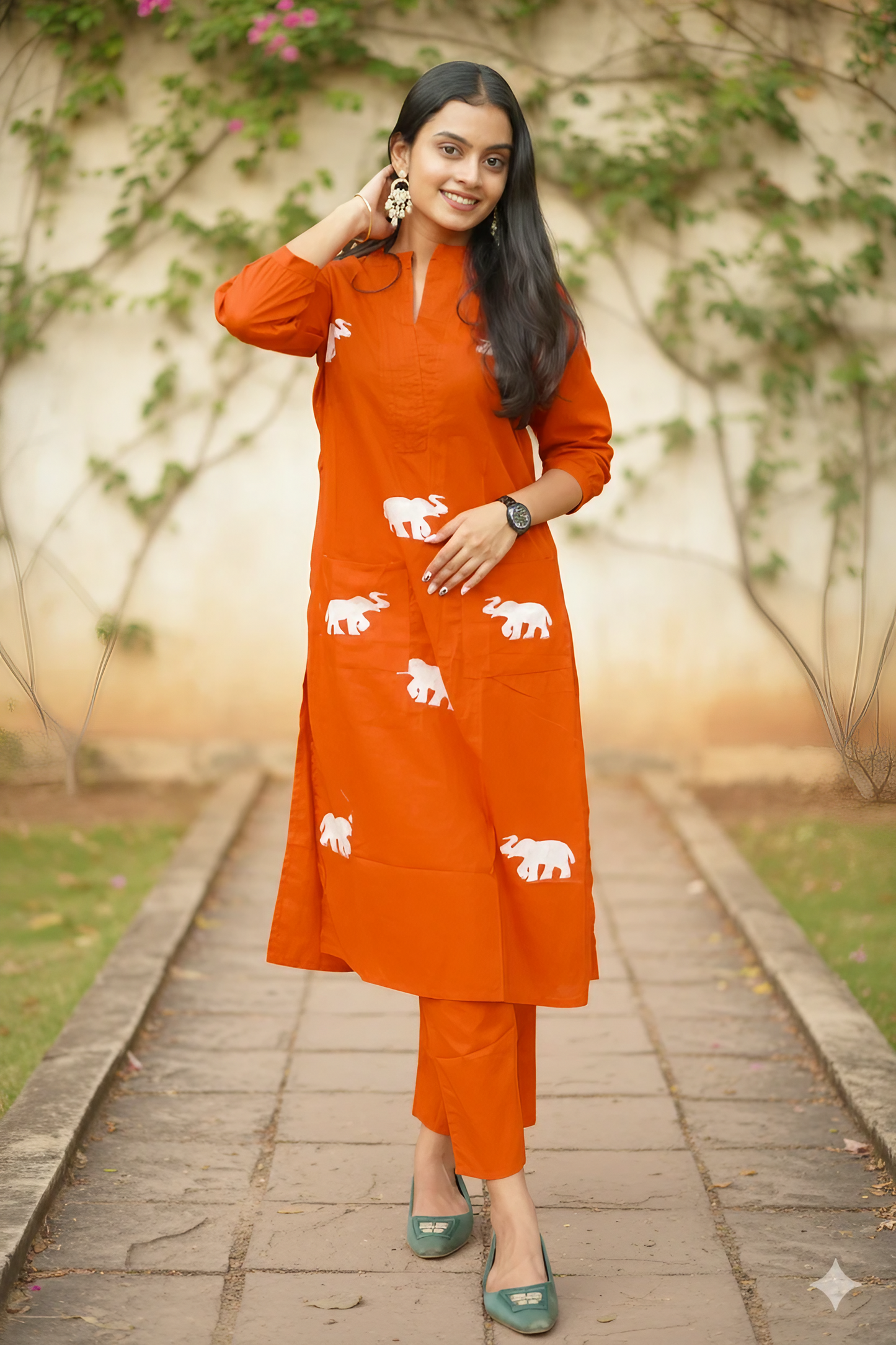 Orange Kurta Set With White Elephant Embroidery Design