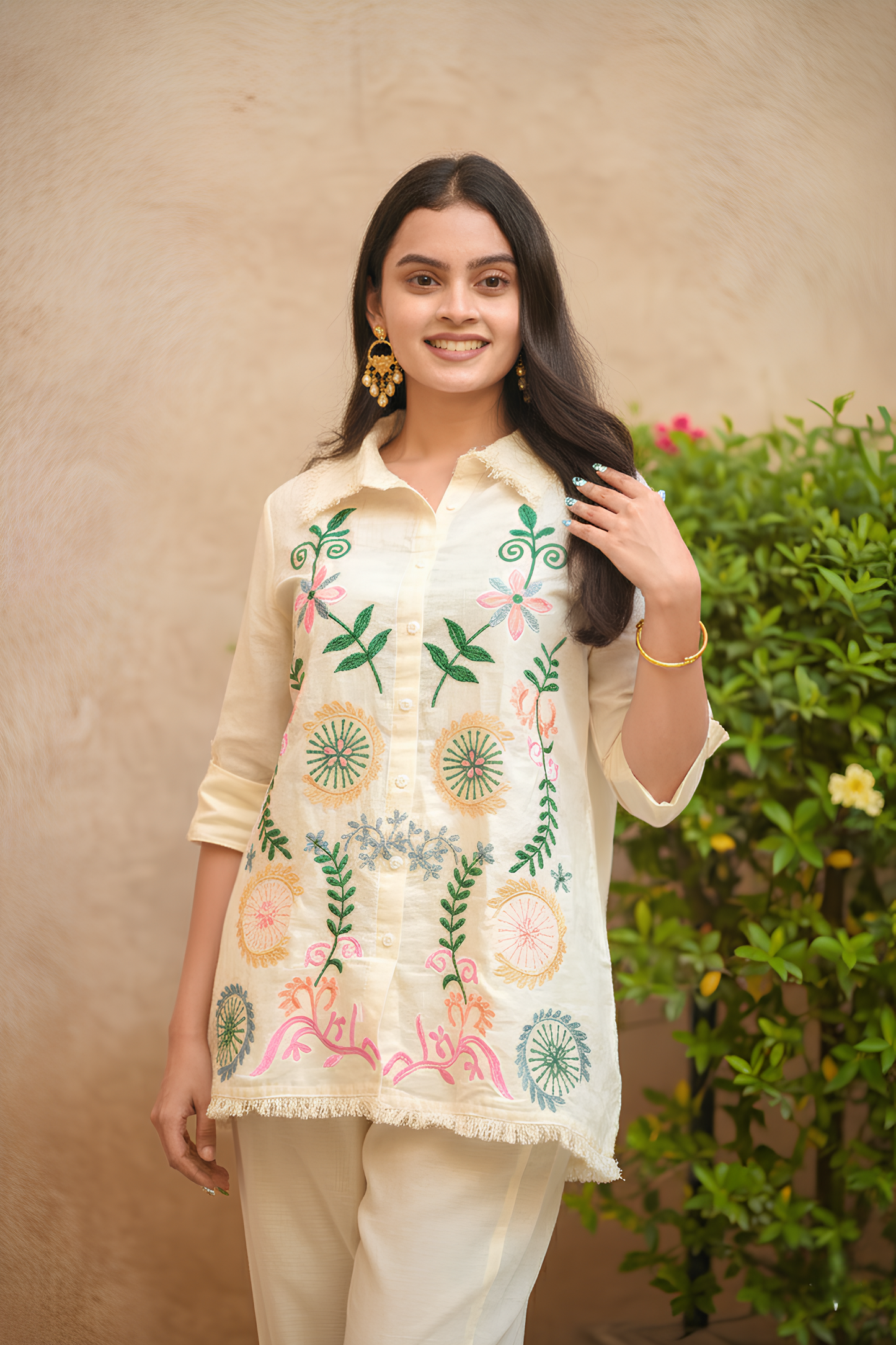 White Shirt Embroidery Co-Ord Set Colourful Threadwork