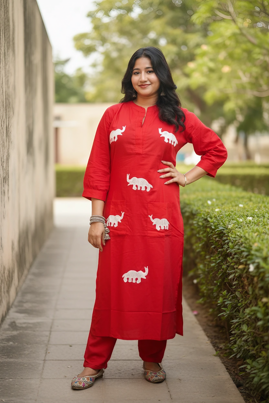 Red Kurta Set With White Elephant Embroidery Design