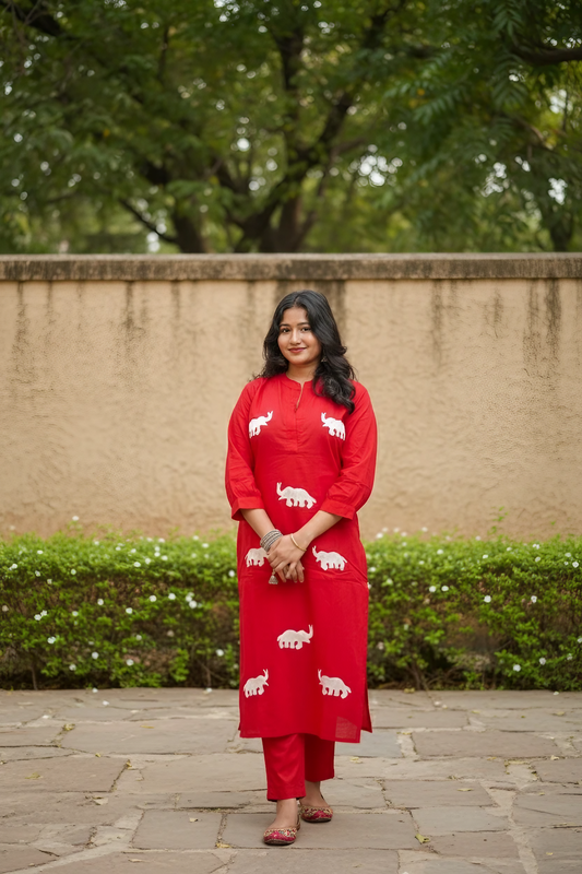 Red Kurta Set With White Elephant Embroidery Design