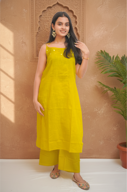 Mustard Yellow Sleeveless Kurta Palazzo With Tie-Up Detailing.