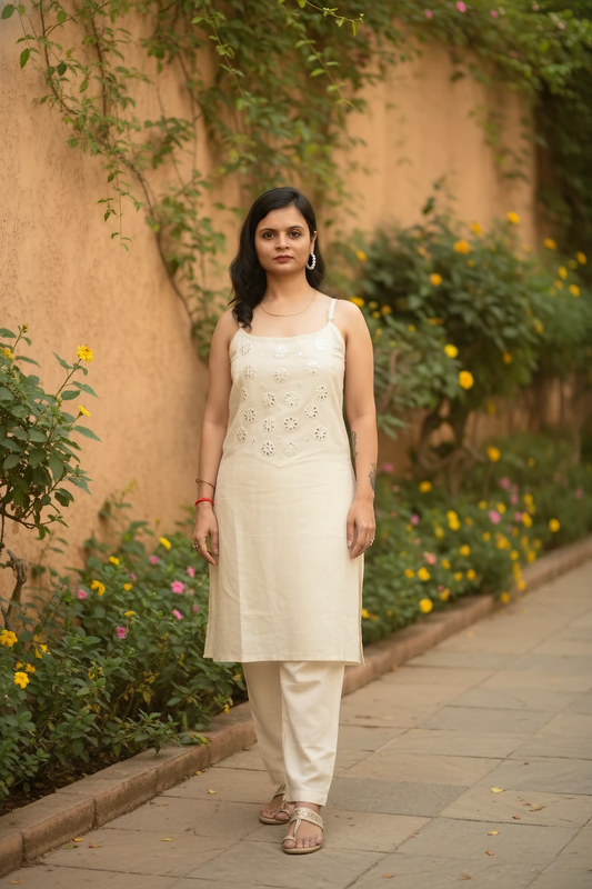 Modern Sleeveless Linen Kurta Set With Traditional Mirror Work.