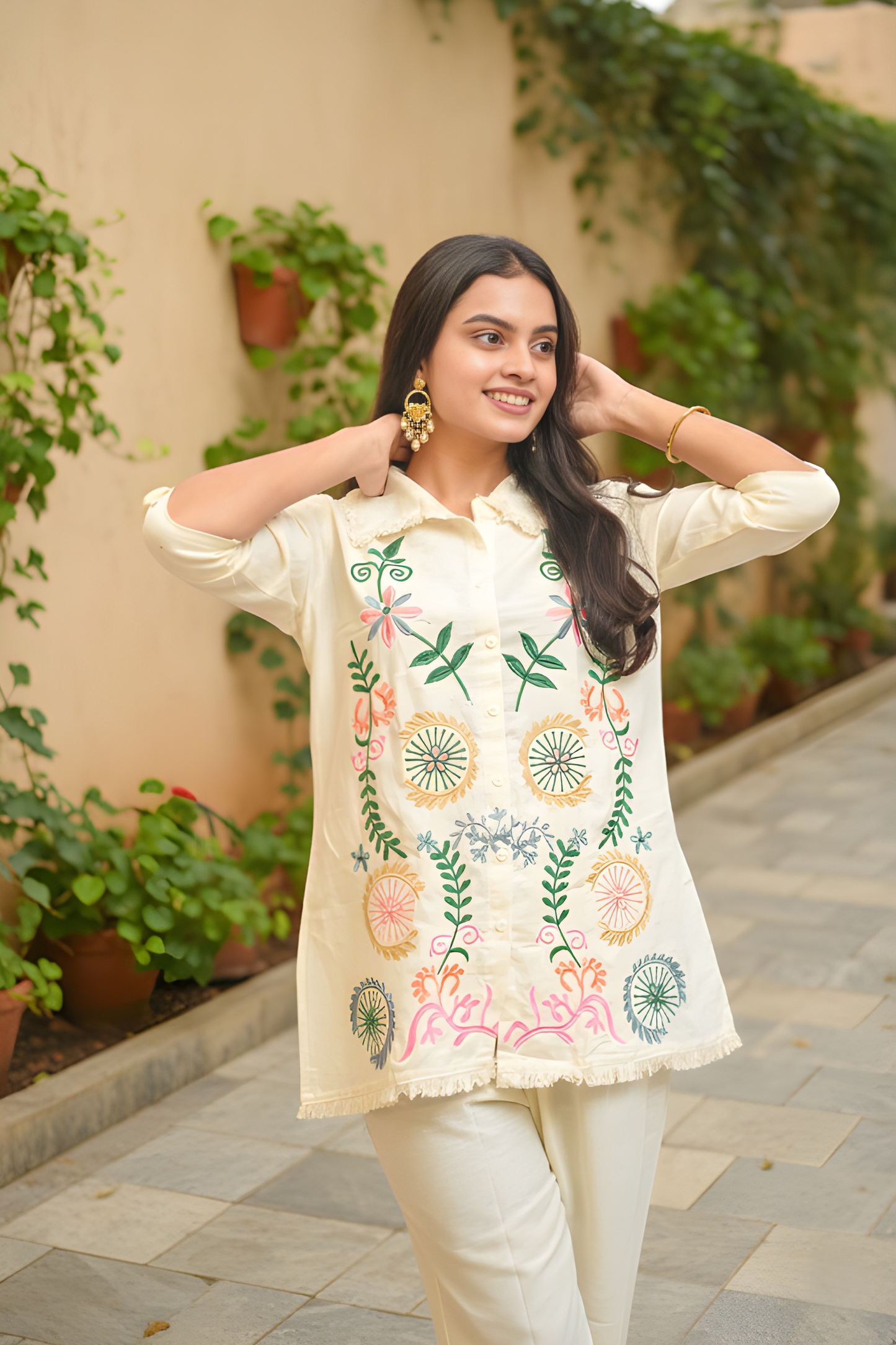 White Shirt Embroidery Co-Ord Set Colourful Threadwork