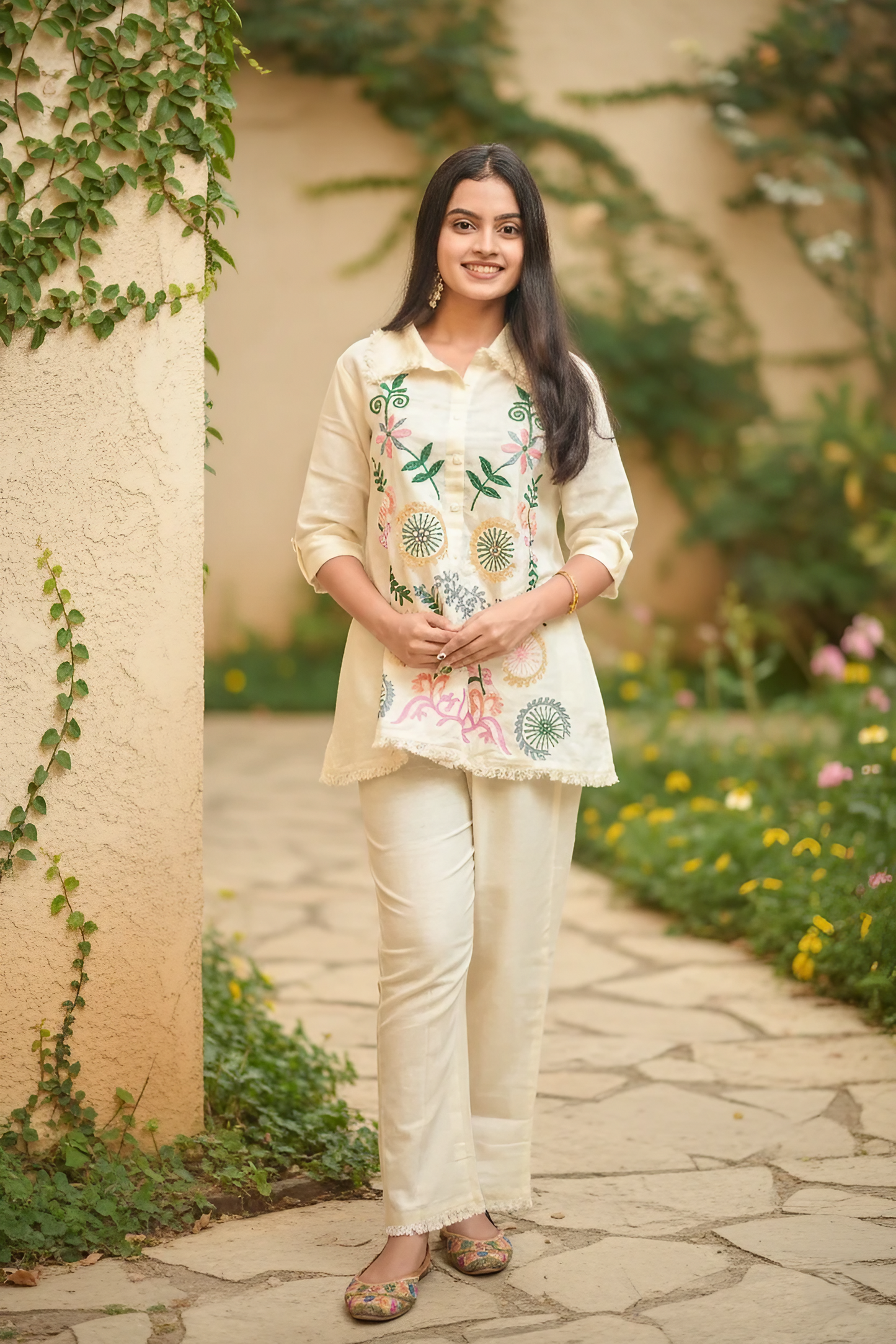 White Shirt Embroidery Co-Ord Set Colourful Threadwork