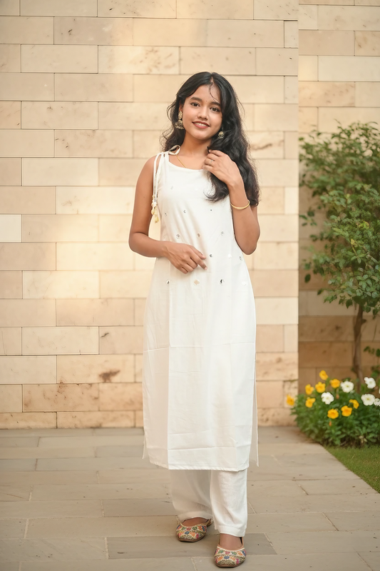 White Casual Mirror-Embellished Cotton Co-ord Set.