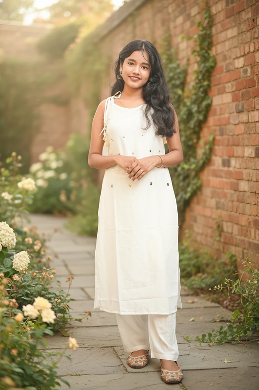 White Casual Mirror-Embellished Cotton Co-ord Set.