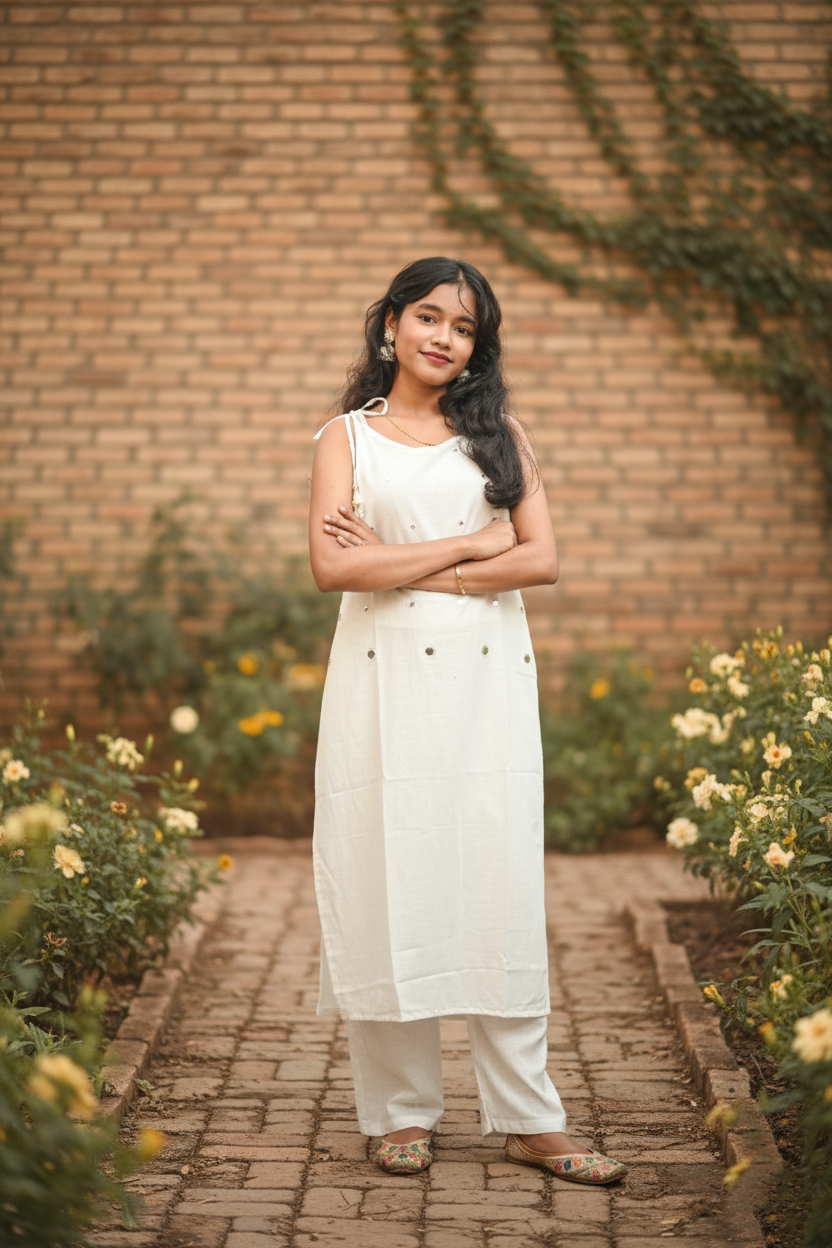 White Casual Mirror-Embellished Cotton Co-ord Set.